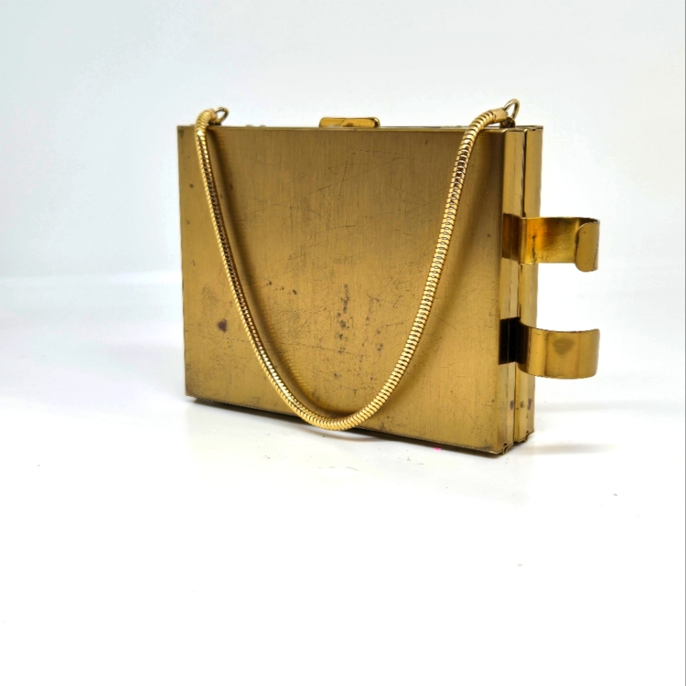 Vtg Gold Tone Metal Carry All Compact and Lipstick Holder Purse